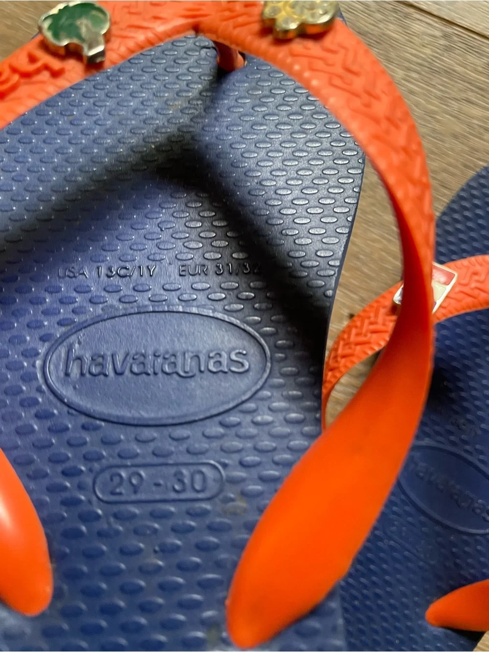 Havaianas Kids Navy Blue & Orange Flip Flops with Charms 13 1Y